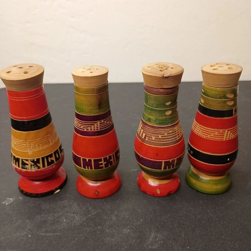 2 Sets VTG Hand-Painted Mexico Wooden Salt & Pepper Shakers Colorful 1958
